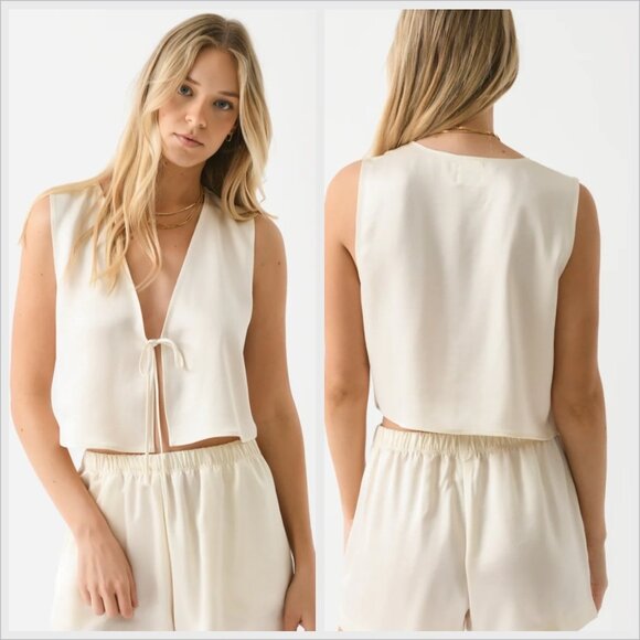 LESET Cream Satin Lounge Set Vest & Shorts XS Minimalist Luxe Sleepwear - Picture 1 of 8
